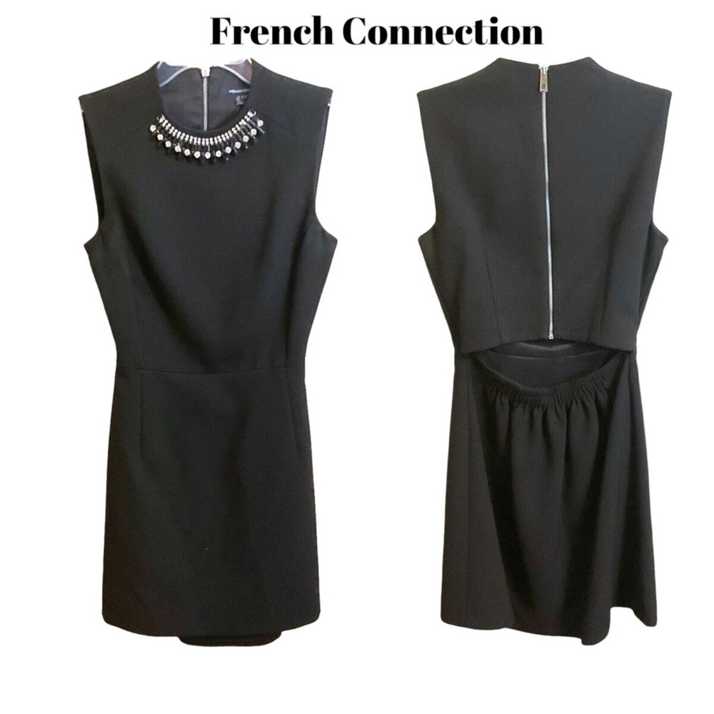 French Connection Black Embellished Pleated Sheath Dress